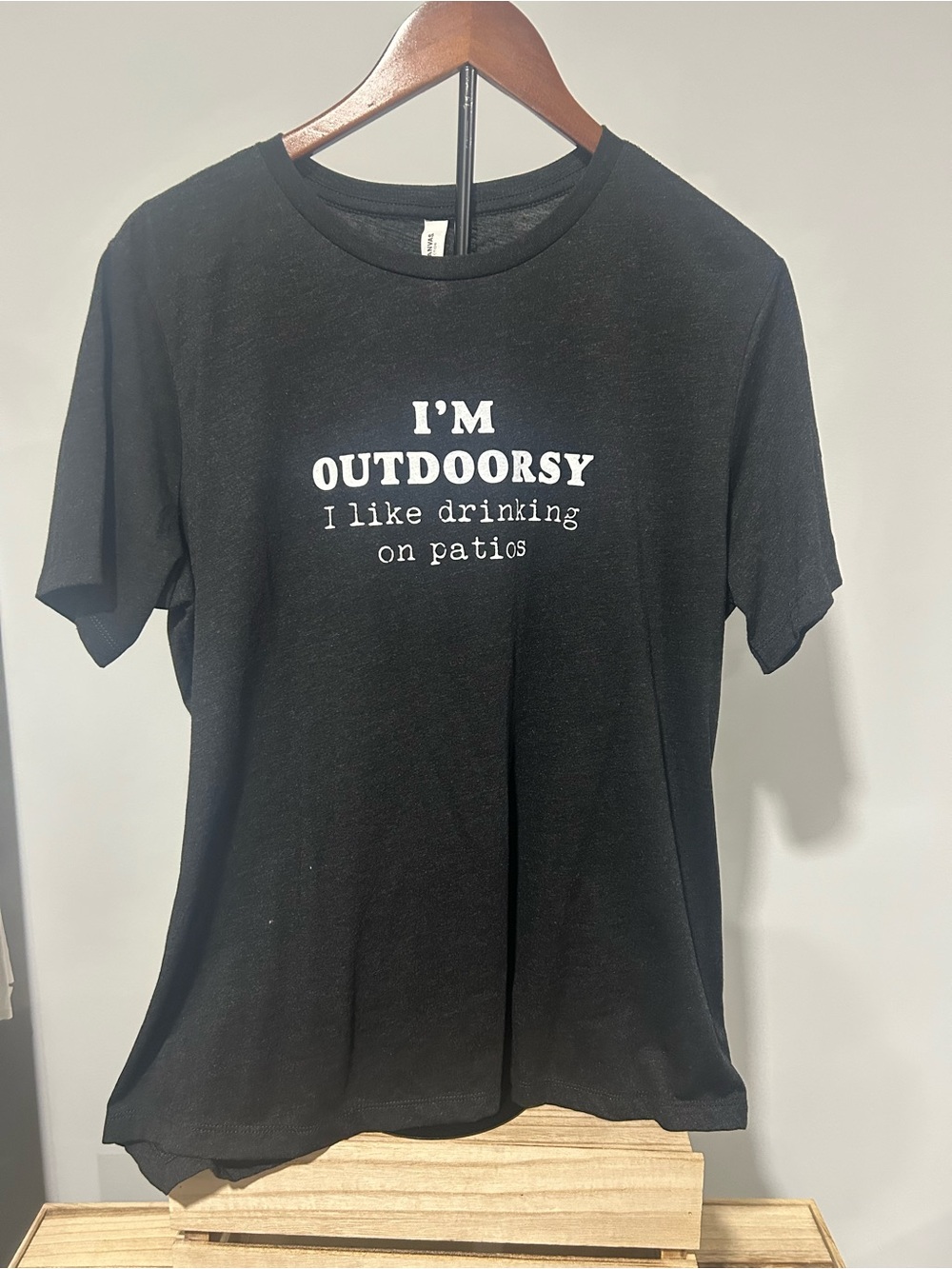 NWT "I'M OUTDOORSY I like drinking on patios” Black Graphic Tee